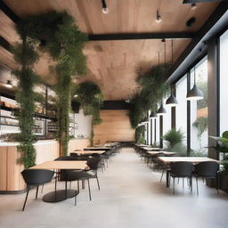 A modern cafeteria designed with a combination of natural foliage and wood elements, complemented by a sleek steel structure