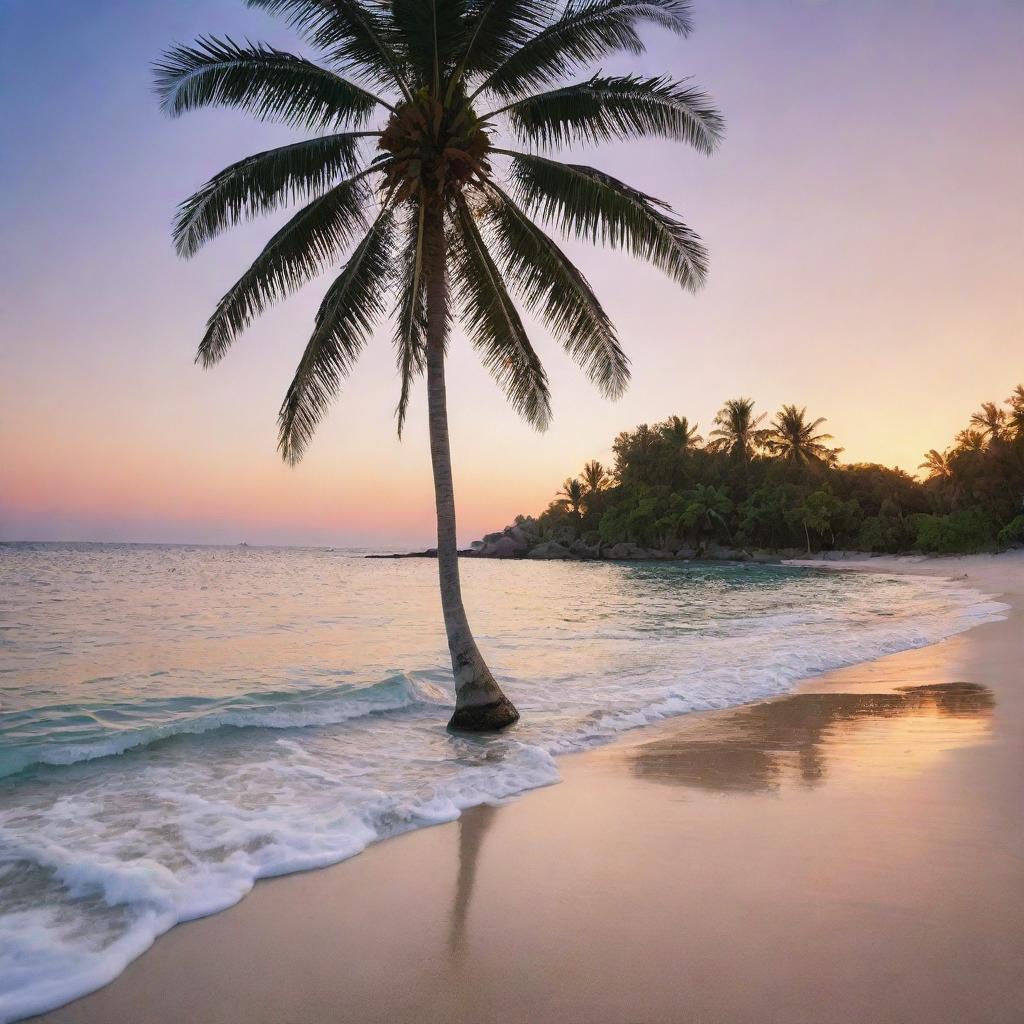 A serene beach setting at sunset with crystal clear water and towering palm trees