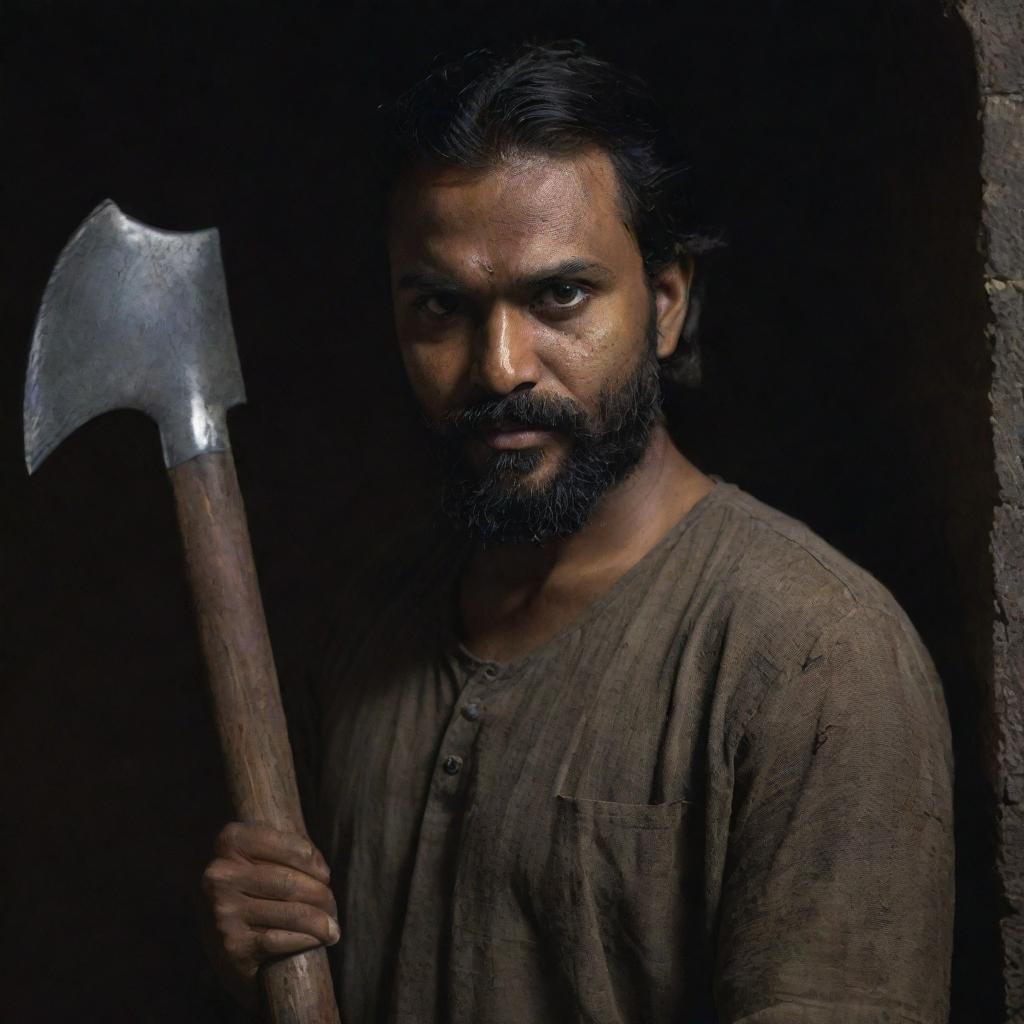 An Indian man with a darker skin tone, shorter, thick hair and a beard, holding two short axes, depicted in a dimly lit, mysterious setting.