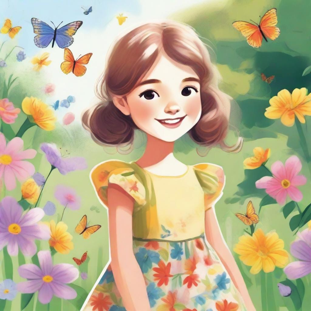 A detailed illustration of a young girl with a cheerful expression, wearing a colorful dress, standing in a beautiful garden full of flowers and butterflies