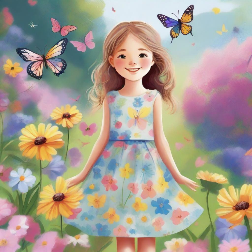 A detailed illustration of a young girl with a cheerful expression, wearing a colorful dress, standing in a beautiful garden full of flowers and butterflies