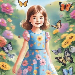 A detailed illustration of a young girl with a cheerful expression, wearing a colorful dress, standing in a beautiful garden full of flowers and butterflies