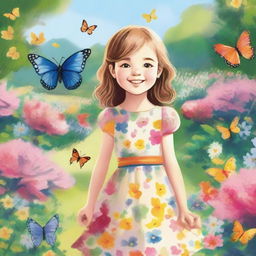 A detailed illustration of a young girl with a cheerful expression, wearing a colorful dress, standing in a beautiful garden full of flowers and butterflies