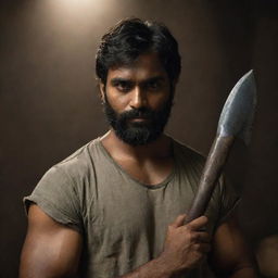 An Indian man with a darker skin tone, shorter, thick hair and a beard, holding two short axes, depicted in a dimly lit, mysterious setting.