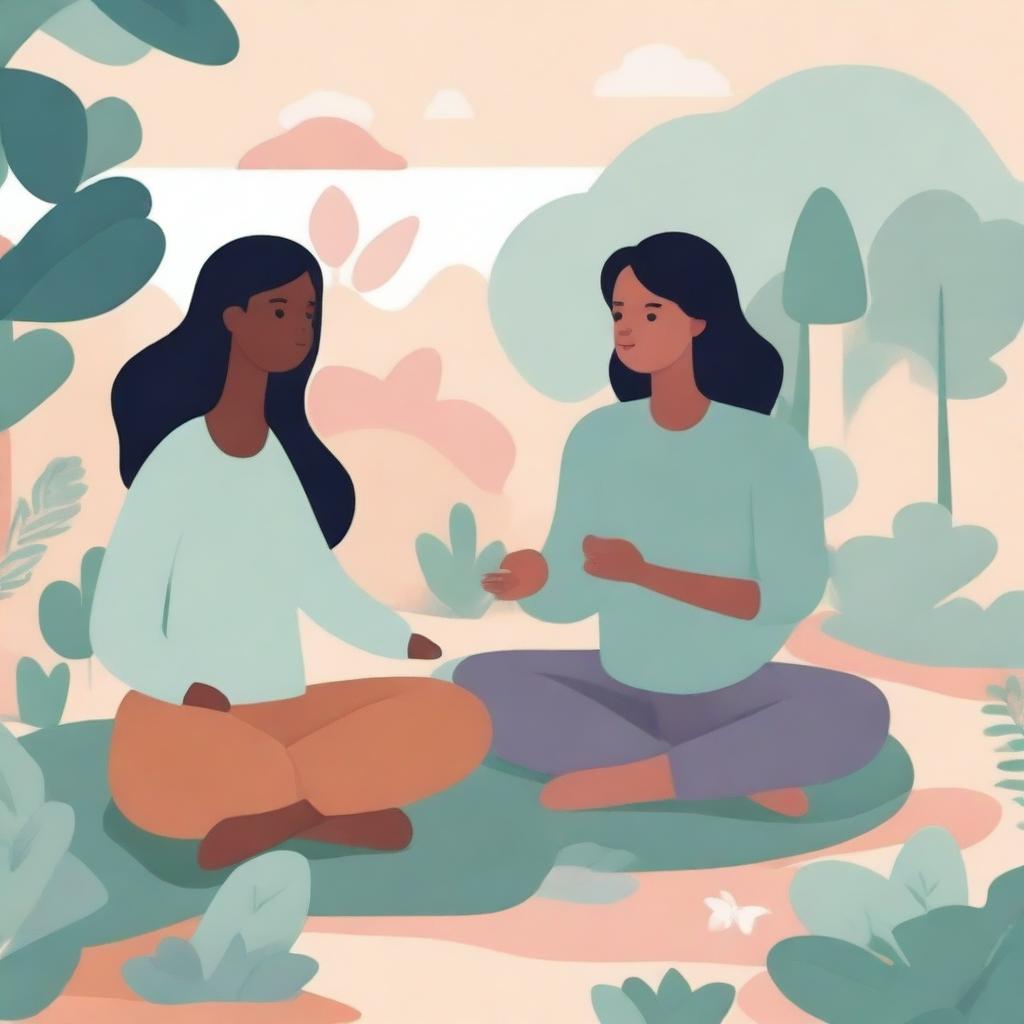 An illustration focusing on mental health, featuring diverse individuals engaging in self-care activities such as meditation, journaling, and talking to a therapist