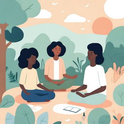 An illustration focusing on mental health, featuring diverse individuals engaging in self-care activities such as meditation, journaling, and talking to a therapist