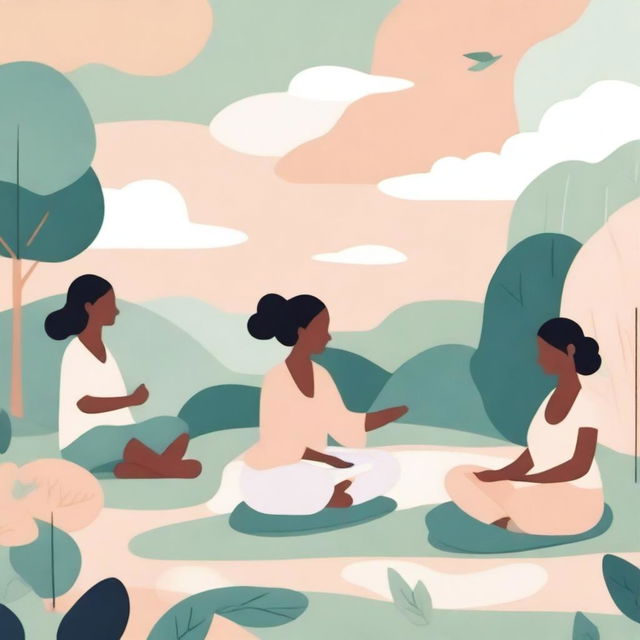 An illustration focusing on mental health, featuring diverse individuals engaging in self-care activities such as meditation, journaling, and talking to a therapist