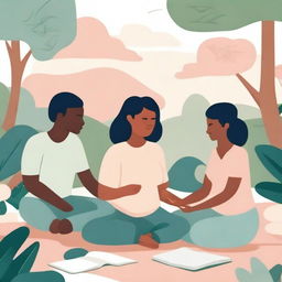 An illustration focusing on mental health, featuring diverse individuals engaging in self-care activities such as meditation, journaling, and talking to a therapist