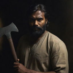 An Indian man with a darker skin tone, shorter, thick hair and a beard, holding two short axes, depicted in a dimly lit, mysterious setting.