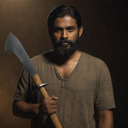 An Indian man with a darker skin tone, shorter, thick hair and a beard, holding two short axes, depicted in a dimly lit, mysterious setting.