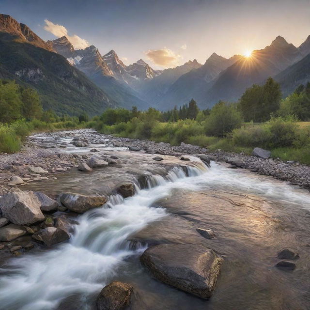 A serene landscape with a flowing river, towering mountains in the background, and sun setting over the peaks