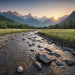 A serene landscape with a flowing river, towering mountains in the background, and sun setting over the peaks