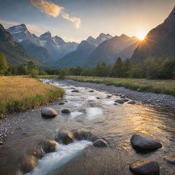 A serene landscape with a flowing river, towering mountains in the background, and sun setting over the peaks