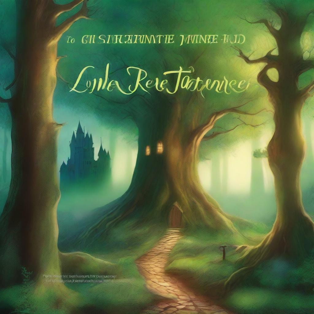 A captivating book cover featuring a mystical forest with towering ancient trees, a glowing path leading to a hidden castle in the distance, and a sense of magic and adventure