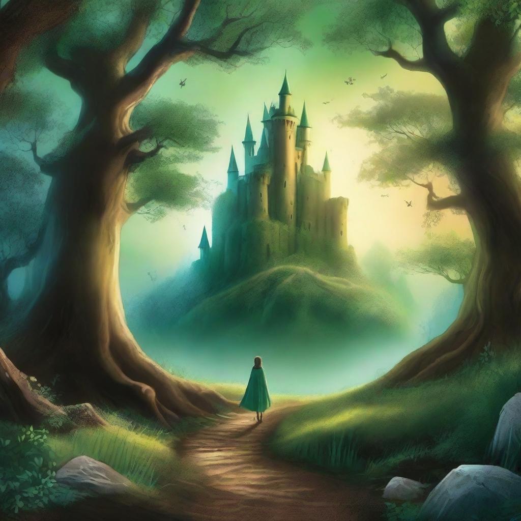 A captivating book cover featuring a mystical forest with towering ancient trees, a glowing path leading to a hidden castle in the distance, and a sense of magic and adventure