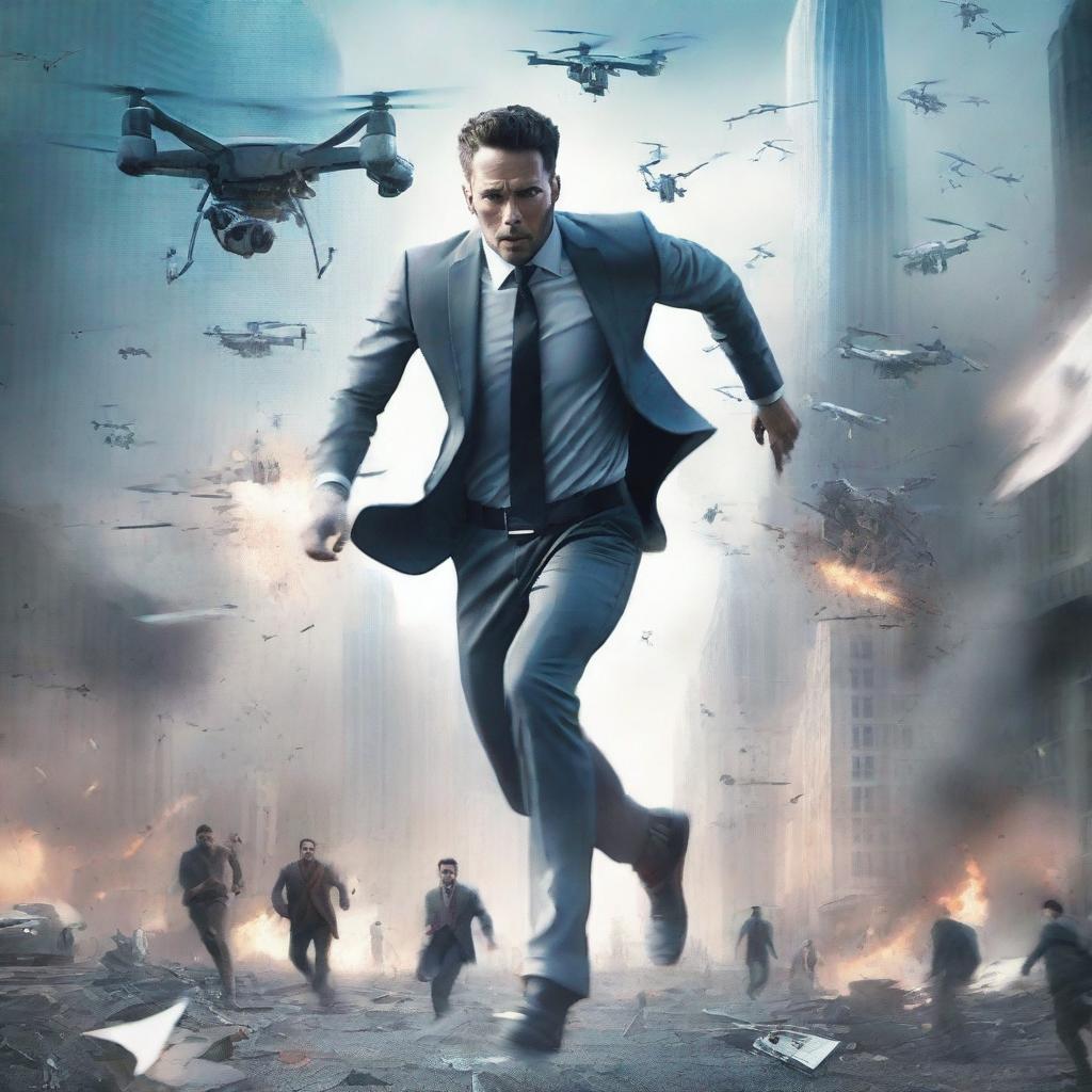 A book cover featuring a man around 33 years old in a very damaged suit running