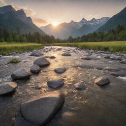 A serene landscape with a flowing river, towering mountains in the background, and sun setting over the peaks