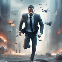 A book cover featuring a man around 33 years old in a very damaged suit running