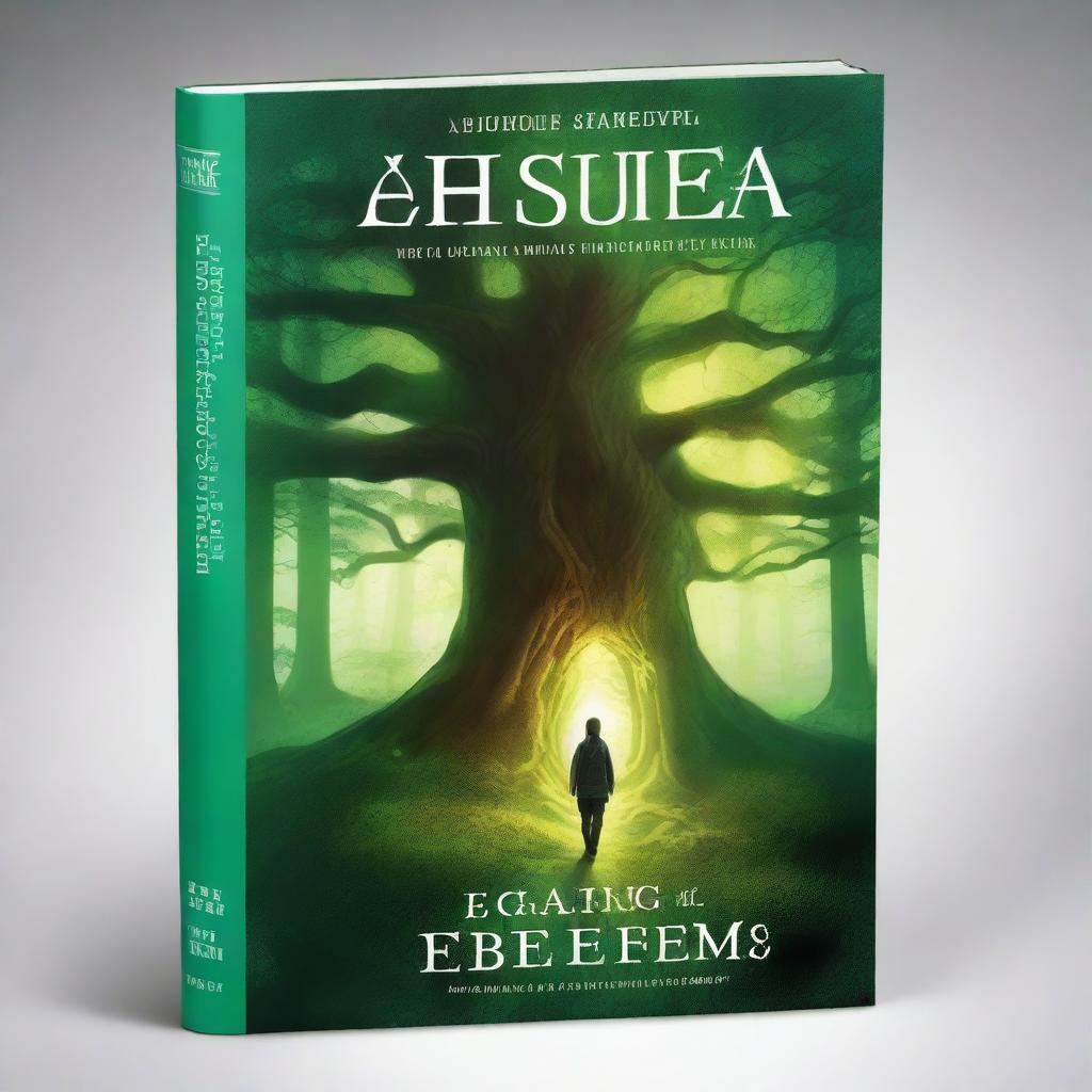 A captivating book cover featuring a mystical forest with towering ancient trees, a glowing path leading to a hidden castle in the distance, and a sense of magic and adventure