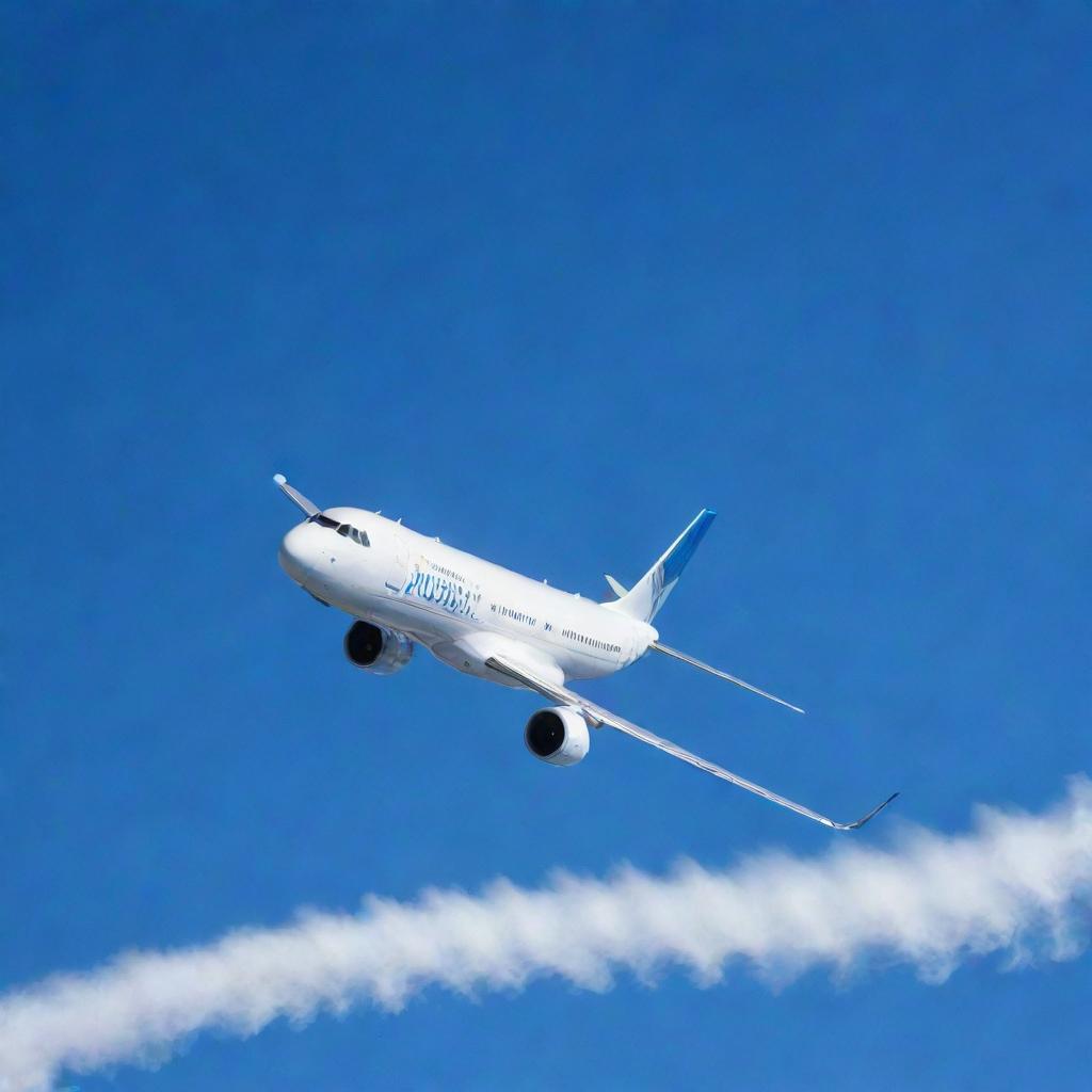 A detailed image of a modern passenger airplane soaring across a brilliant blue sky, with streams of white vapor trails trailing behind it.