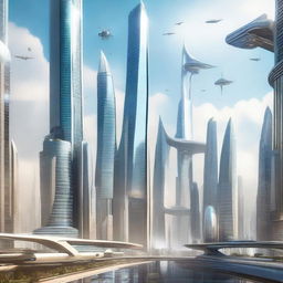 A futuristic cityscape in the year 2100, with towering skyscrapers, flying cars, and advanced technology