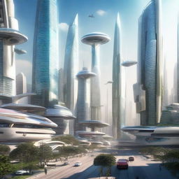 A futuristic cityscape in the year 2100, with towering skyscrapers, flying cars, and advanced technology