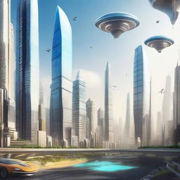 A futuristic cityscape in the year 2100, with towering skyscrapers, flying cars, and advanced technology