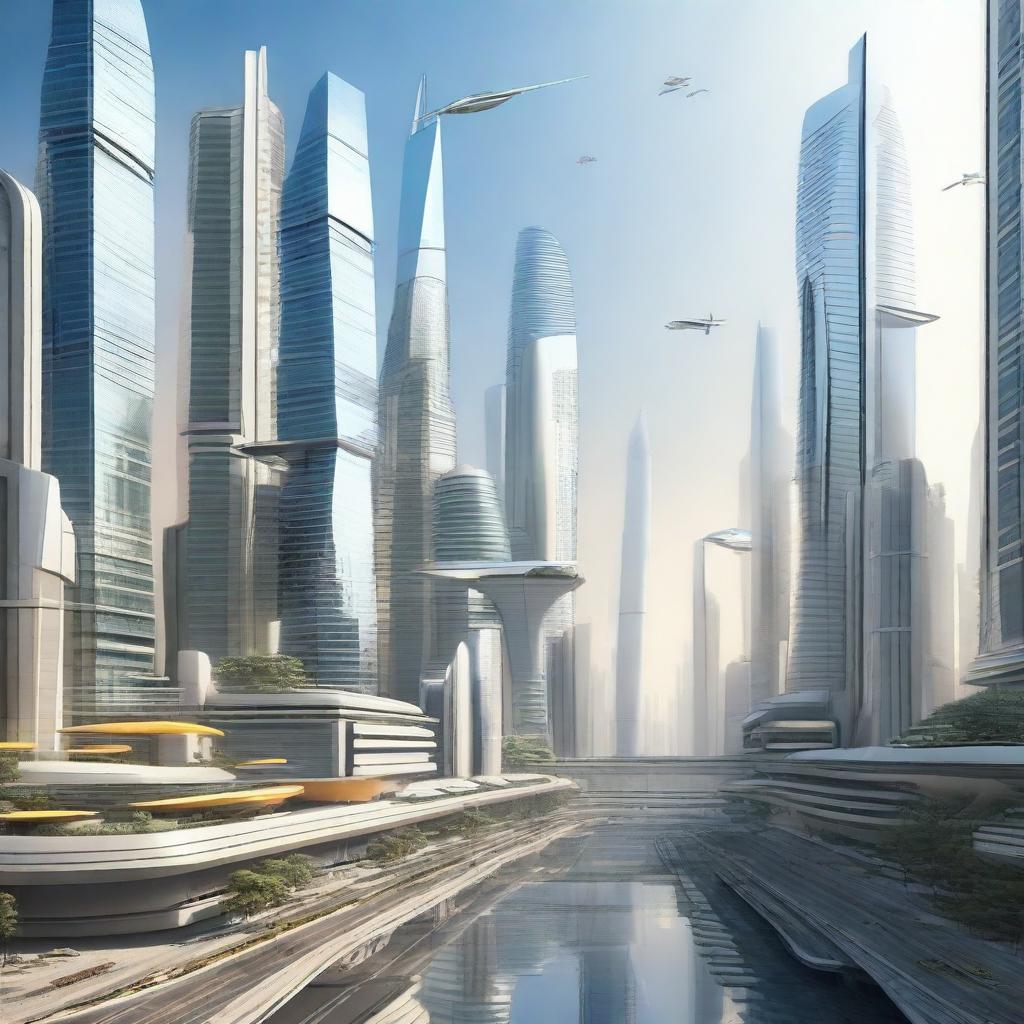 A futuristic cityscape in the year 2100, with towering skyscrapers, flying cars, and advanced technology