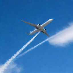 A detailed image of a modern passenger airplane soaring across a brilliant blue sky, with streams of white vapor trails trailing behind it.