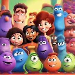 A vibrant and colorful movie poster in the style of a Pixar film, featuring a group of diverse, animated characters in a whimsical setting