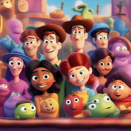 A vibrant and colorful movie poster in the style of a Pixar film, featuring a group of diverse, animated characters in a whimsical setting