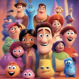 A vibrant and colorful movie poster in the style of a Pixar film, featuring a group of diverse, animated characters in a whimsical setting