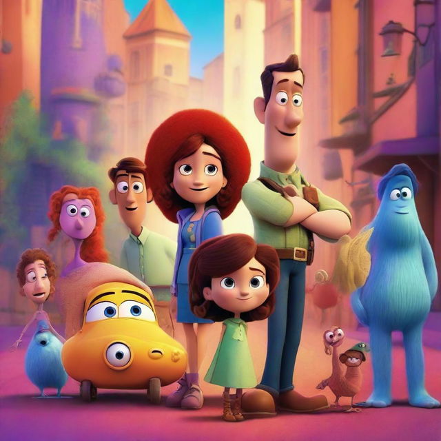 A vibrant and colorful movie poster in the style of a Pixar film, featuring a group of diverse, animated characters in a whimsical setting