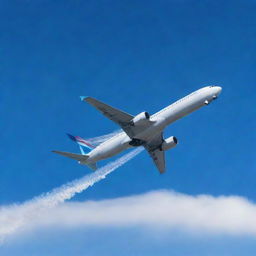 A detailed image of a modern passenger airplane soaring across a brilliant blue sky, with streams of white vapor trails trailing behind it.