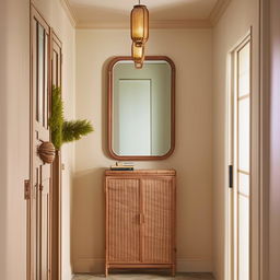 Classic, small entrance hall with a modern aesthetic, featuring a large rattan closet, touched with shades of beige and pistachio. A mirror expands the space, paired with an inviting entrance door.