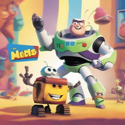 A Pixar movie poster titled 'Have A Nice Crossover' featuring Buzz Lightyear walking towards Wall-E, while Woody is punching Sully the monster