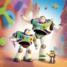 A Pixar movie poster titled 'Have A Nice Crossover' featuring Buzz Lightyear walking towards Wall-E, while Woody is punching Sully the monster