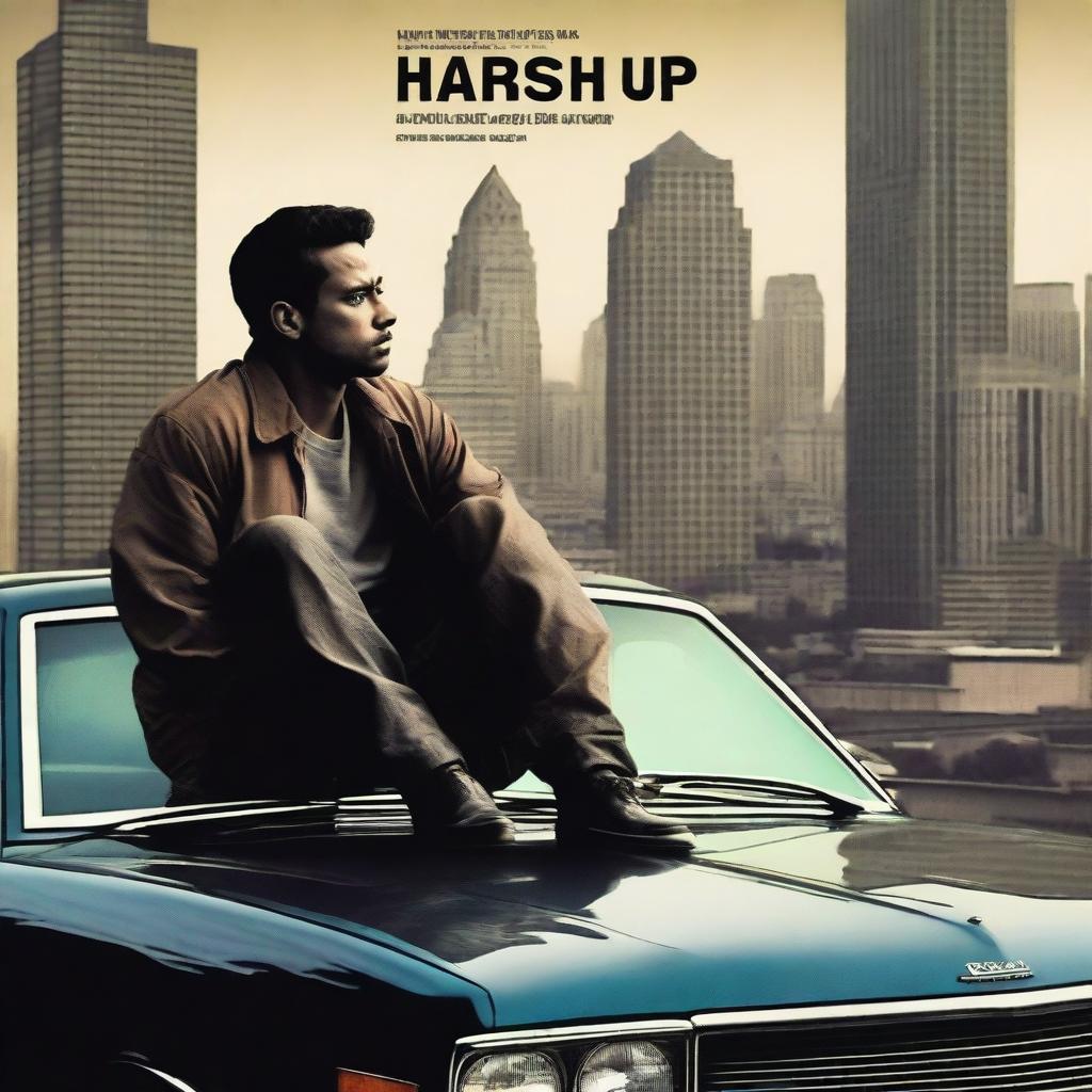 A realistic movie poster titled 'Harsh Up' featuring a man sitting on top of a car