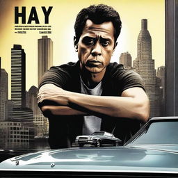 A realistic movie poster titled 'Harsh Up' featuring a man sitting on top of a car