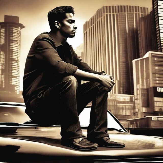 A realistic movie poster titled 'Harsh Up' featuring a man sitting on top of a car