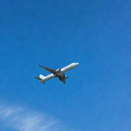 A detailed image of a modern passenger airplane soaring across a brilliant blue sky, with streams of white vapor trails trailing behind it.