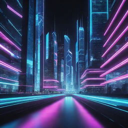 A futuristic tech landscape with sleek structures, glowing neon lights, and digital interfaces buzzing with data streams.