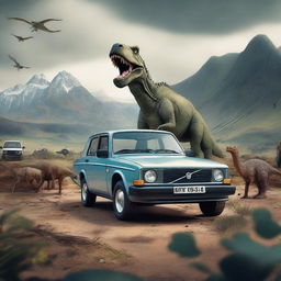 A classic Volvo 240 parked in a prehistoric landscape, surrounded by various dinosaurs like T-Rex, Triceratops, and Brachiosaurus