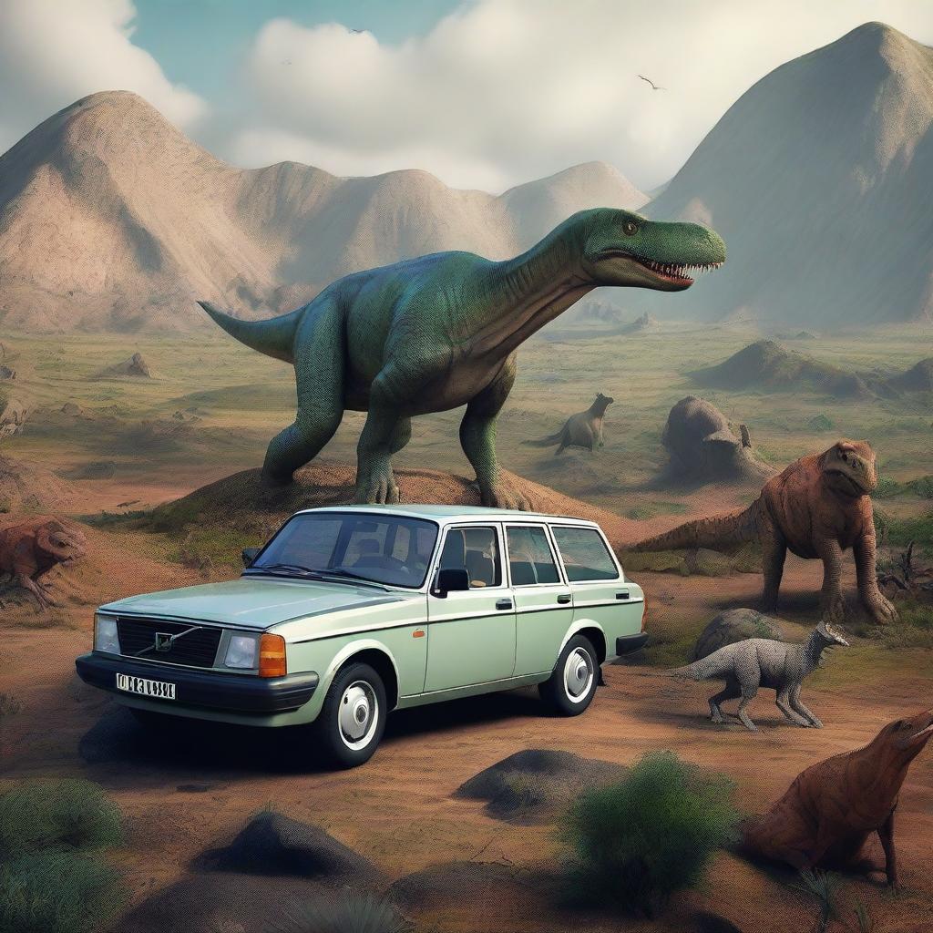 A classic Volvo 240 parked in a prehistoric landscape, surrounded by various dinosaurs like T-Rex, Triceratops, and Brachiosaurus