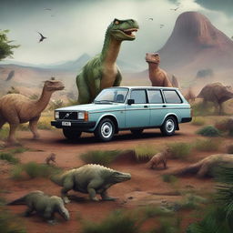 A classic Volvo 240 parked in a prehistoric landscape, surrounded by various dinosaurs like T-Rex, Triceratops, and Brachiosaurus