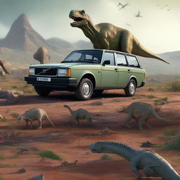 A classic Volvo 240 parked in a prehistoric landscape, surrounded by various dinosaurs like T-Rex, Triceratops, and Brachiosaurus