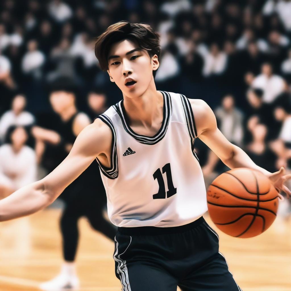 Superstar Cai Xukun, wearing a white shirt and black suspenders, is playing basketball