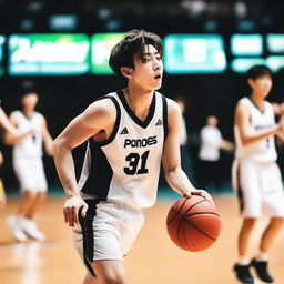 Superstar Cai Xukun, wearing a white shirt and black suspenders, is playing basketball