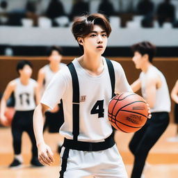 Superstar Cai Xukun, wearing a white shirt and black suspenders, is playing basketball