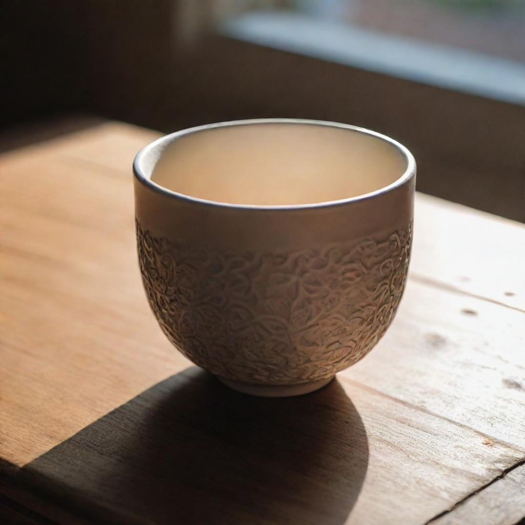 An intricately designed ceramic cup on a wooden table with diffused morning light.